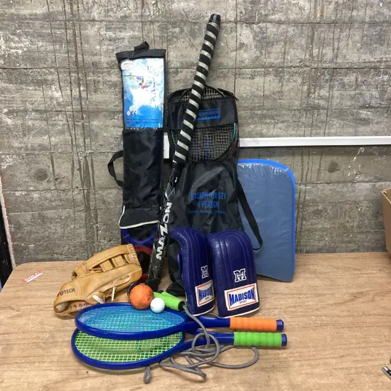 Kite In Carry Bag, 4 Badminton Racquets, Pair of Flutter Boards, Boxing Gloves, Hockey Stick Etc